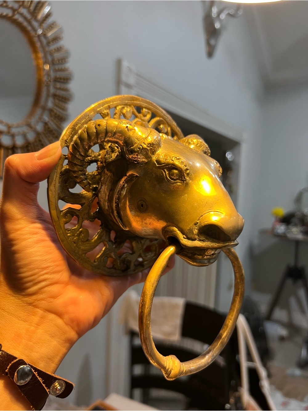 Hard to Find Brass Ram Head Wall Door Knocker